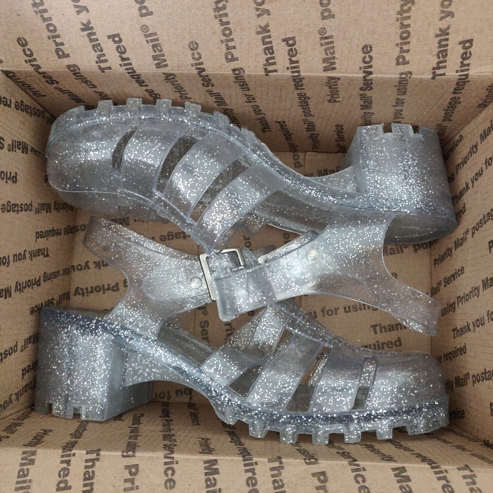 Jelly Sandals- Clear, Silver Glitter